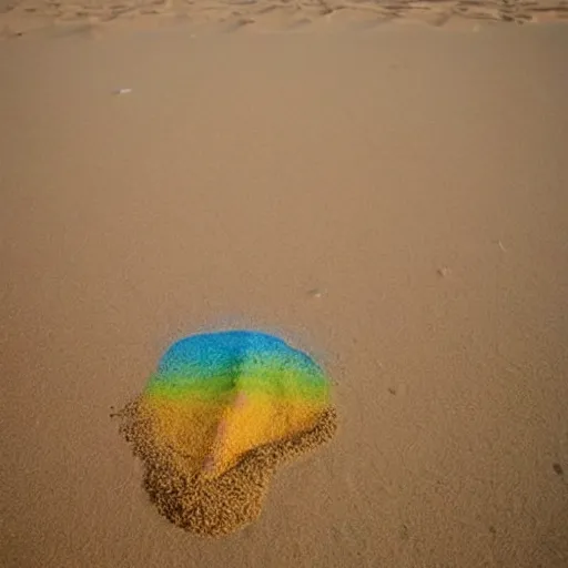 Prompt: rainbow made of sand on the sea