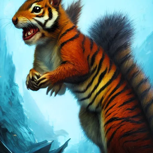 Prompt: Squirrel/tiger, biting, ferocious, angry, magic the gathering artwork, D&D, fantasy, cinematic lighting, centered, symmetrical, highly detailed, digital painting, artstation, concept art, smooth, sharp focus, illustration, volumetric lighting, epic Composition, 8k, art by Akihiko Yoshida and Greg Rutkowski and Craig Mullins, oil painting, cgsociety