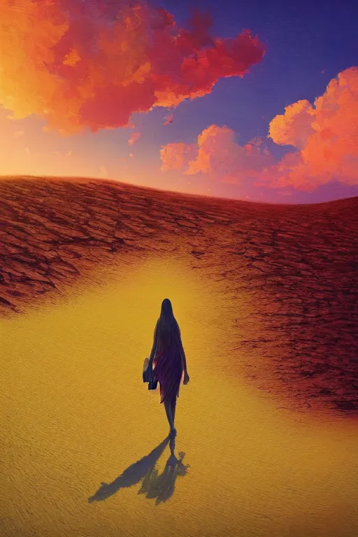 Image similar to giant corn flower head, girl walking in the desert, surreal photography, sunrise, dramatic light, impressionist painting, colorful clouds, digital painting, artstation, simon stalenhag