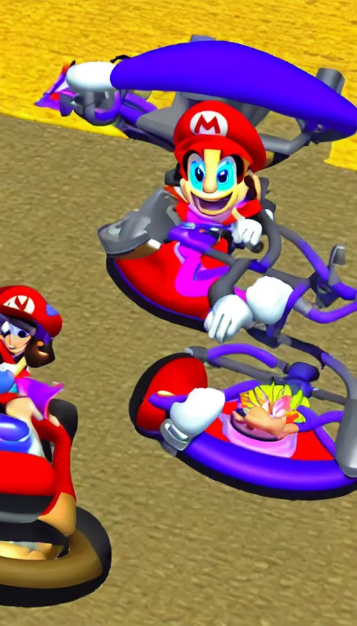 Image similar to shantae racing on mach bike in bowser’s castle mario kart 64