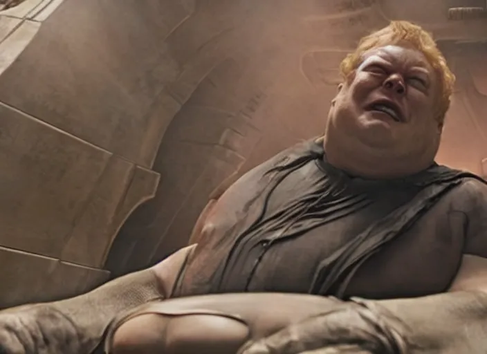 Image similar to elon musk as baron harkonnen in a black oil bath, Dune, Denis Villeneuve, film look