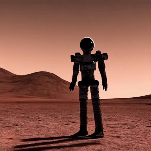 Image similar to realistic human - like man android on mars, alone, apocalypse, low power, realistic light and shadow effects