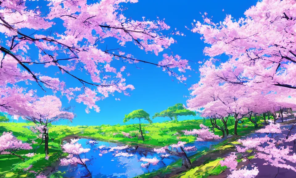 Image similar to a beautiful landscape, cherry trees, blue sky, anime style