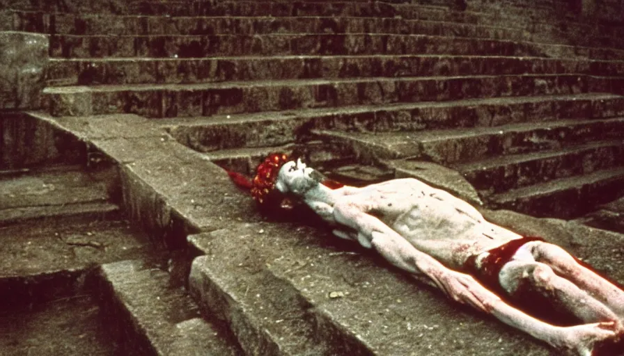 Image similar to 1 9 6 0 s movie still close - up of caligula laying dead on the ancient amphitheater's stairs blood flaque, cinestill 8 0 0 t 3 5 mm, high quality, heavy grain, high detail, dramatic light, anamorphic