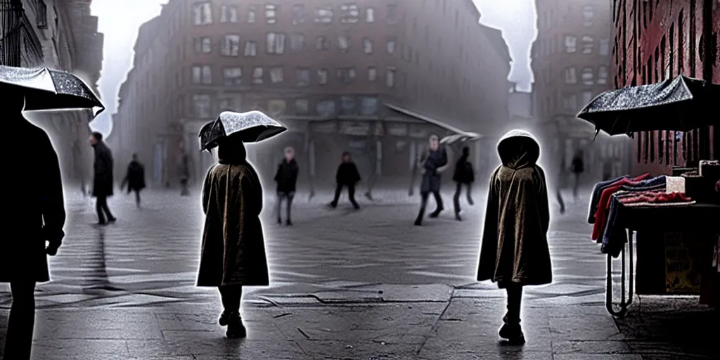 Image similar to medium shot | sadie sink in hoodie | lonely market stall selling umbrellas | in ruined square, pedestrians on both sides | steampunk tenement windows in background : 3 5 mm film, anamorphic, from schindler's list by steven spielberg. cyberpunk, cinematic atmosphere, detailed and intricate, perfect anatomy