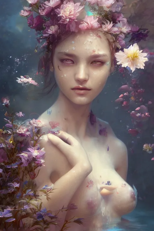 Image similar to face closeup a young beautiful girl nymph drowned in water, underwater photography, 3 d render, hyper realistic detailed portrait, holding magic flowers, ruan jia, wlop. scifi, fantasy, hyper detailed, octane render, concept art, by peter mohrbacher, by wlop, by ruan jia