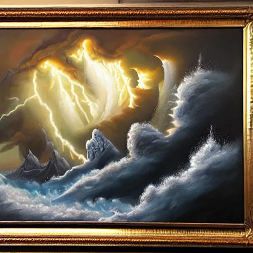 Image similar to a vast oil painting of two storm dragons dueling above the snowy peaks, hyper realistic, vivid, highly detailed, many colors