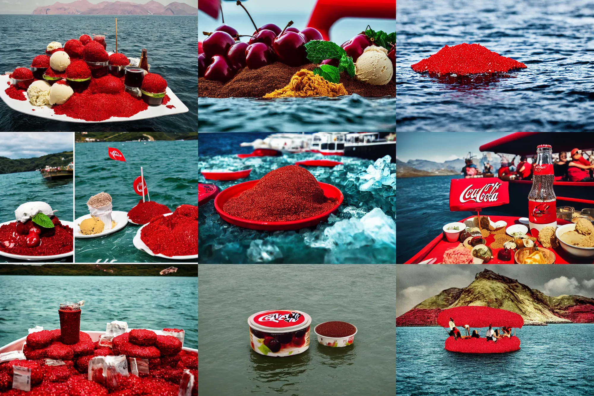 Image similar to an island made of food, around the island instead of water coca - cola ( dark brown ), instead of sand red caviar, instead of mountains ice cream with cherries, photo taken from a boat, 3 5 mm, cinematic