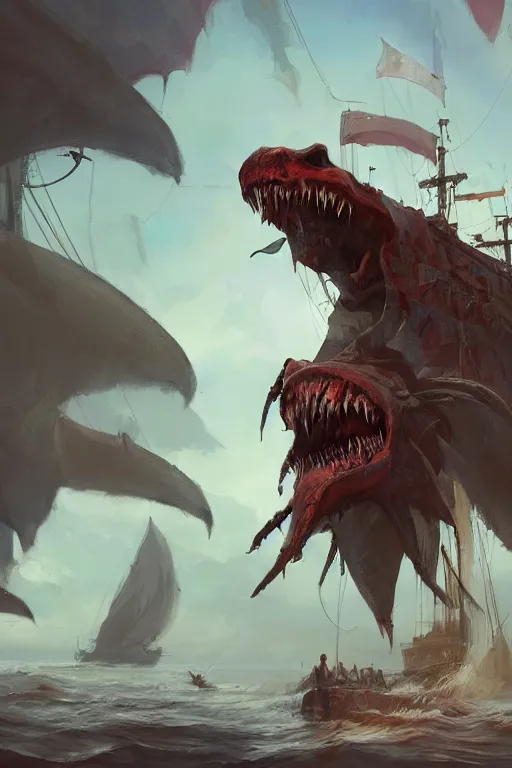 Prompt: a professional digital painting of a monster pirate with many jaws, full body, concept art, sharp detail, focused, illustration, smooth render, pirate ship in background, art style by Ruan Jia and Mandy Jurgens and Ian Spriggs and William-Adolphe Bouguerea