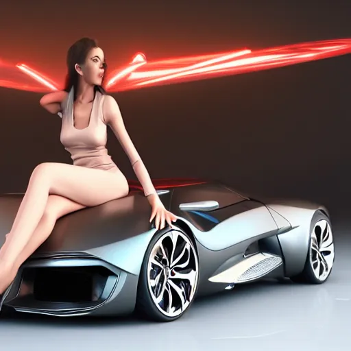 Image similar to ultra detailed woman sitting on a futuristic sport car, highly detailed, sharp focus, octane render, global illumination