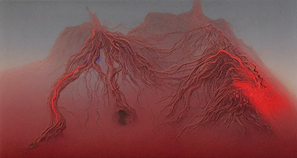 Image similar to a volcano made of ivory vines and crimson rocks enters in eruption, it spits a smoke in the shape of demonic eye, by Zdzisław Beksiński