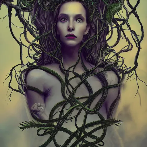 Image similar to dynamic portrait of the dark queen of snakes wearing a crown of vines, blue skin, realism, dark fantasy illustration, surrounded by snakes in a dead forest, dramatic lighting, octane render, artstation