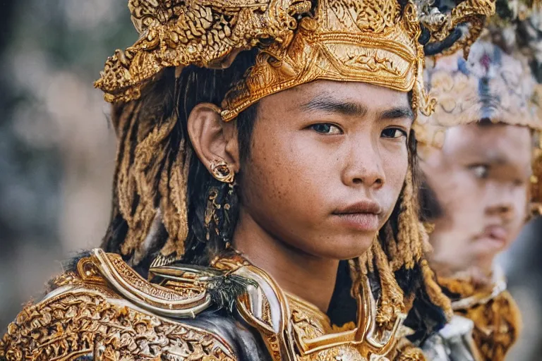 Image similar to close - up portrait photo of a beautiful khmer warrior prince in a battle scene, detailed eyes, shallow depth of field, photorealistic, cinematic lighting, lovely bokeh, warm colours, dusk