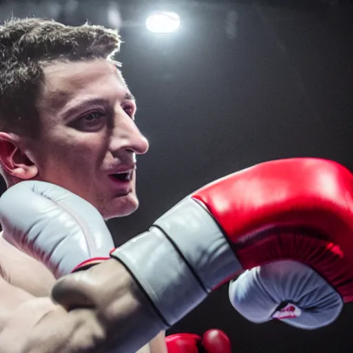 Image similar to realistic 8 k dslr image of charlie zelenoff with boxing gloves in the ring