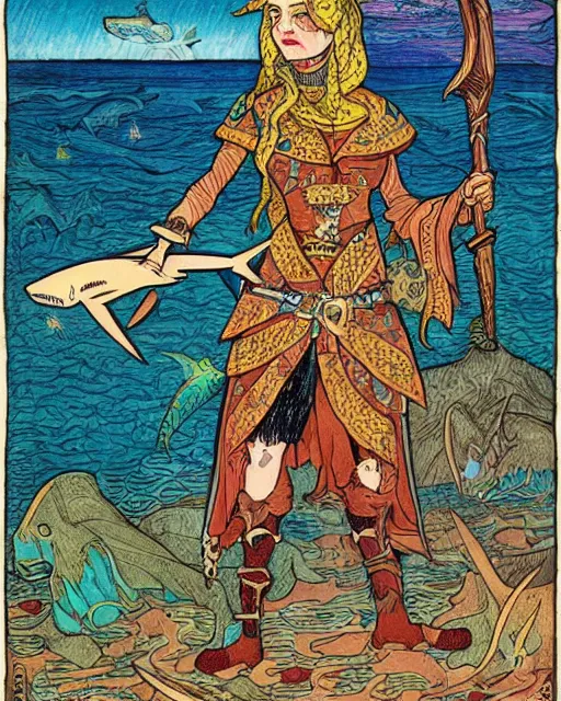 Prompt: a shark pirate queen with iridescent coloring and holding melee weapons by ivan bilibin