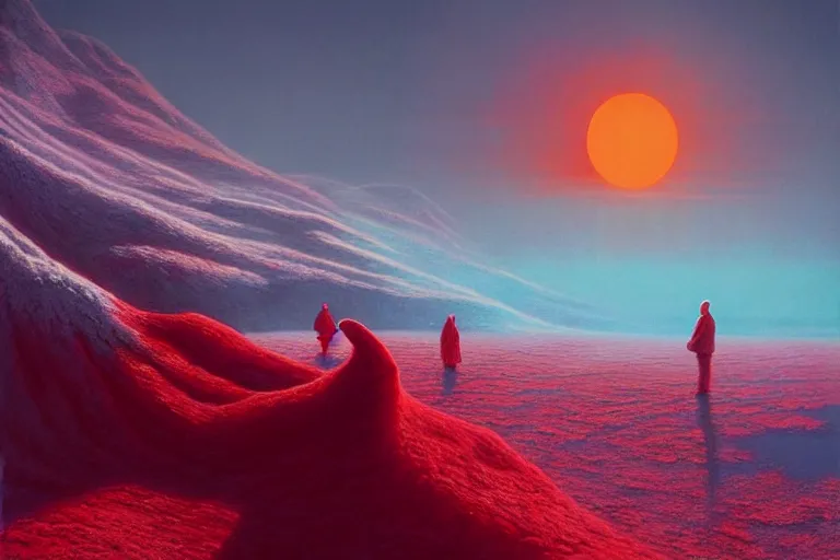 Prompt: surreal frozen landscape, winter sun, painting by beeple and zdzisław beksinski, red color scheme, a matte painting by li shida, cgsociety, context art, redshift, matte painting, reimagined by industrial light and magic