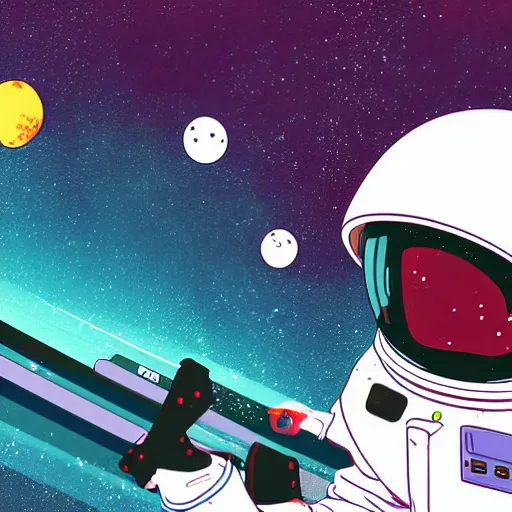 Prompt: an anime astronaut relaxing in space, manga character, anime, vector art, glitchcore, studio ghibli,