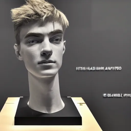 Image similar to a realistic detailed photo of a guy who is an attractive humanoid who is half robot and half humanoid, who is a male android, twitch streamer ninja tyler blevins, shiny skin, posing like a statue, blank stare, at the museum, on display