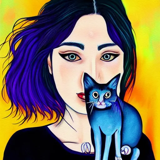 Prompt: a painting of a woman holding a cat, a character portrait by harumi hironaka, trending on deviantart digital illustration