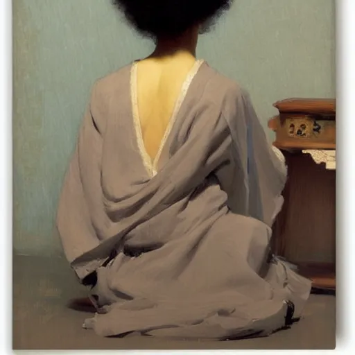 Image similar to girl with afro, in kimono, backview, sitting on edge of bed, by jeremy lipking, tim rees, joseph todorovitch