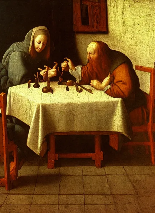 Image similar to a candlelit table at the inn, two people sitting at the table, swirling smoke, dark smoke, realistic, in the style of leonardo da vinci, dutch golden age, amsterdam, medieval painting by jan van eyck, johannes vermeer, florence