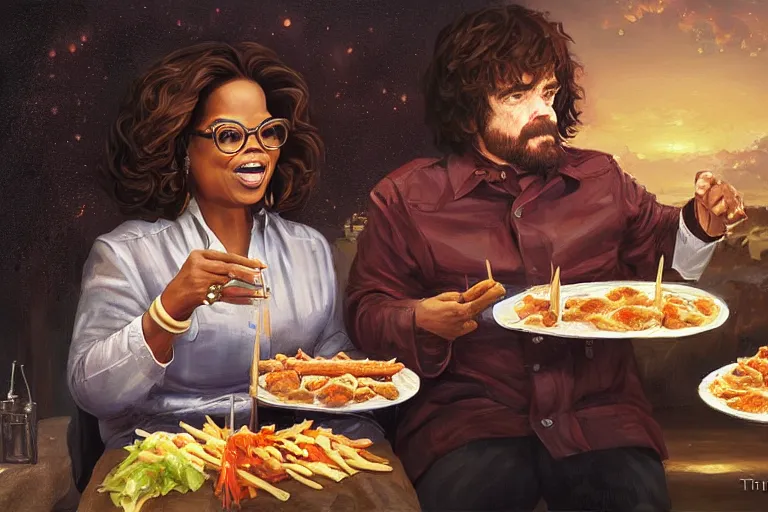 Image similar to portrait of oprah winfrey feeding peter dinklage kebabs, an oil painting by ross tran and thomas kincade