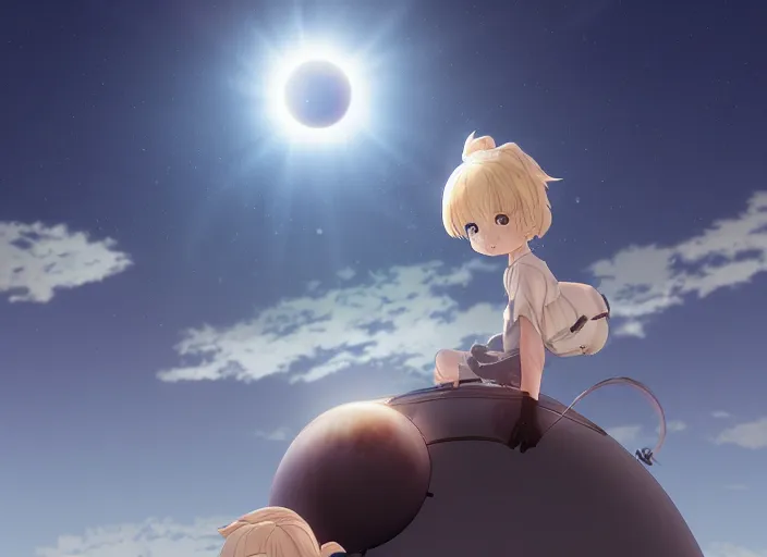 Prompt: total solar eclipse, soft lens, soft light, cel - shading, animation, in the style of cgsociety, deviantart, artstation, zbrush, cinema 4 d, studio ghibli, akihiko yoshida, atelier lulua, masamune shirow