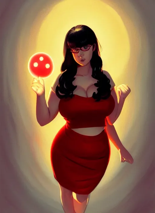 Image similar to full body portrait of teenage veronica lodge, obese, bangs, sultry, realistic, sultry smirk, wavy hair, red skirt, fat, belly, intricate, elegant, glowing lights, highly detailed, digital painting, artstation, concept art, smooth, sharp focus, illustration, art by wlop, mars ravelo and greg rutkowski