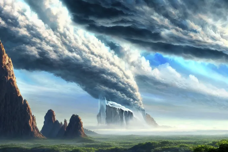 Image similar to great big giants slashing the drop of a clouds from sky. fantasy, highlight scene of the movie, high quality, highly detailed 8 k, unreal engine 5, scene of myth, art by hiroaki samura and jiro matsumoto and yao wang from artstation