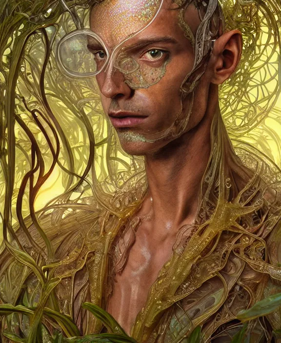 Image similar to intricate ornate opulent transparent clear see - through portrait of a stunning beautiful skinny male alien centipede, mottled coloring, adorable, childlike, overgrown jungle environment, ultra realistic, concept art, art nouveau, photorealistic, octane render, 8 k, unreal engine. art by christopher marley and artgerm and greg rutkowski and alphonse mucha