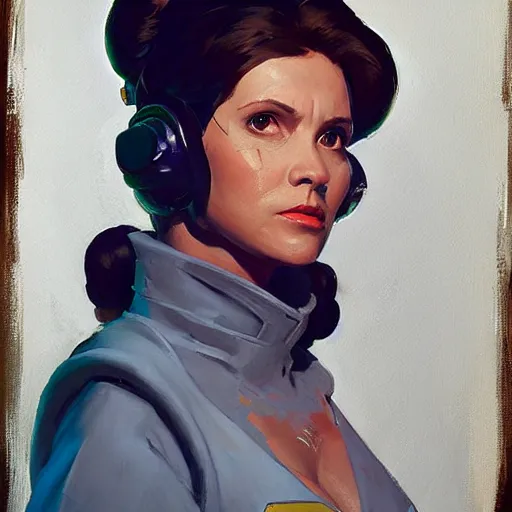 Image similar to greg manchess portrait painting of leia organa as overwatch character, medium shot, asymmetrical, profile picture, organic painting, sunny day, matte painting, bold shapes, hard edges, street art, trending on artstation, by huang guangjian and gil elvgren and sachin teng