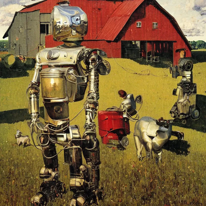 Prompt: portrait painting of a robot made of shiny reflective chrome in front of a barn and farm, painted by norman rockwell. agricultural scene. pulp sci - fi art for omni magazine. high contrast. baroque period, oil on canvas. renaissance masterpiece. trending on artstation. retrofuturism.