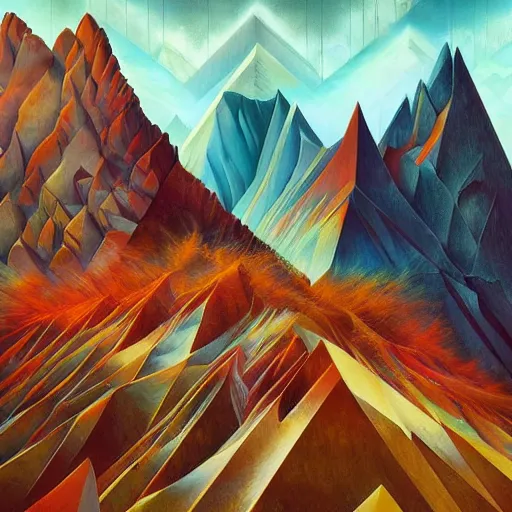 Prompt: a hyperrealistic illustration of Cubism Mountain Range, Cubism Mountain Range with fractal sunlight, award-winning, masterpiece, in the style of Tom Bagshaw, Cedric Peyravernay, Peter Mohrbacher