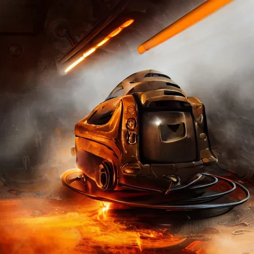 Image similar to head of toaster oven mecha, dark messy smoke - filled cluttered workshop, dark, dramatic lighting, orange tint, cinematic, highly detailed, sci - fi, futuristic, movie still