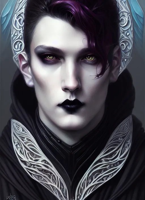 Image similar to beautiful goth ethereal male portrait, art nouveau, fantasy, intricate arcane wiccan designs, elegant, highly detailed, digital painting, artstation, concept art, matte, sharp focus, illustration, art by Artgerm and Greg Rutkowski and WLOP