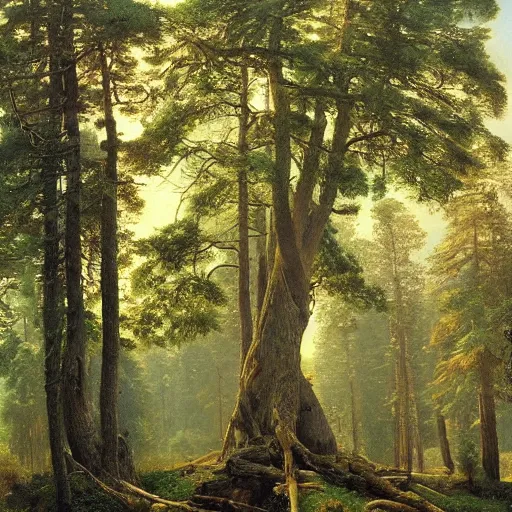 Prompt: A massive treehouse, oil on canvas, highly detailed, by Ivan Shishkin and Aivazovsky
