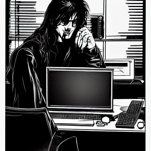 Image similar to a goth computer nerd sitting in front of computer screen, by mike deodato, small details, aesthetic,