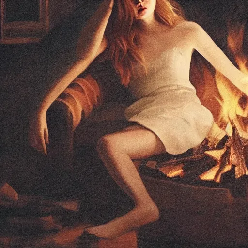 Image similar to Elle Fanning by the fire, head and shoulders portrait, extremely detailed masterpiece, chiaroscuro,