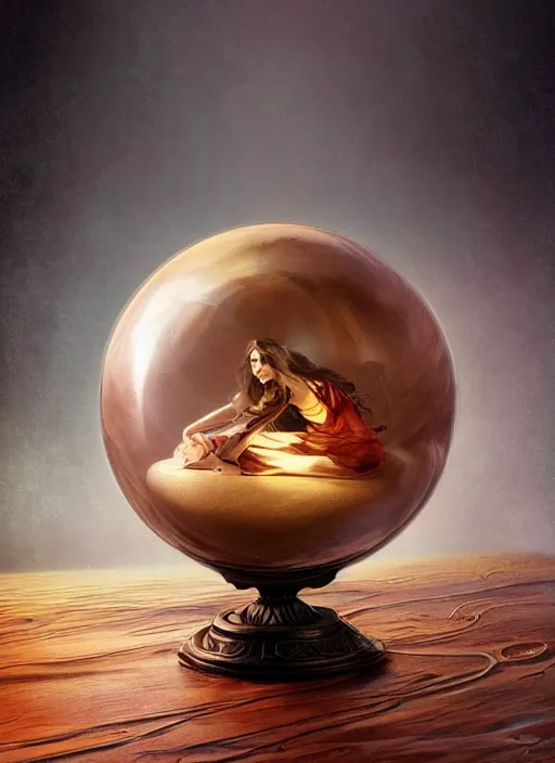 Image similar to crystal ball on a wood stand with a beautiful dreamscape inside, studio product photography, centered, super highly detailed, professional digital painting, artstation, concept art, smooth, sharp focus, extreme illustration, unreal engine 5, photorealism, beautiful, cinematic, art by artgerm and rutkowski and alphonse mucha and loish and wlop