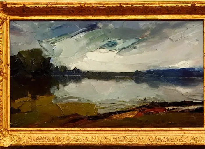 Prompt: palette knife, impasto oil painting of silent calm lake shore by frank auerbach, thick paint brush strokes, art by anders zorn, wonderful masterpiece by greg rutkowski, beautiful cinematic light, american romanticism by greg manchess, creation by tyler edlin