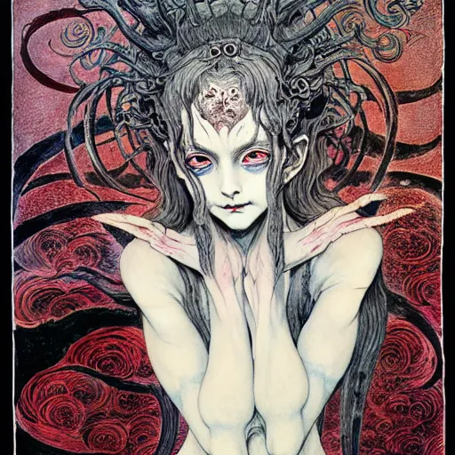 Prompt: prompt: Demon girl face painted in William Blake style drawn by Vania Zouravliov and Takato Yamamoto, intricate oil painting, high detail, Neo-expressionism, post-modern gouache marks on the side, gnarly details soft light, white background, intricate detail, intricate ink painting detail, sharp high detail, manga and anime 2000