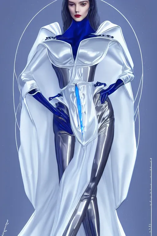 Image similar to detailed beautiful noun in opened white gold blue coat, seductive confident pose, attractive feminine curves, intricate details, futuristic, alien, elegant cape, elegant, photorealism, trending on artstation, holy halo, advanced technology, art by moebius and vitaly bulgarov and chanthara