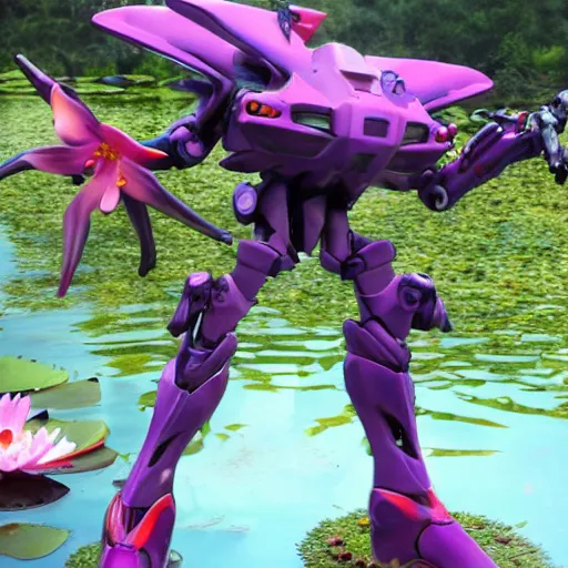 Image similar to evangelion combat mecha with a realistic nymphaea waterlily head stepping out of a pond holding sci - fi weapons. floral amphibious power armor with waterlily helmet and hard surface exoskeleton. bandai box art, 8 k hd resolution, r / mecha