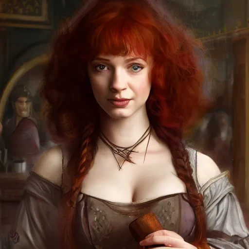 Prompt: sad young christina hendricks in a tavern, holding a small roung mirror, surprised expression on her face, she is surprised, warhammer, lord of the rings, intricate, highly detailed, digital painting, artstation, concept art, smooth, sharp focus, illustration, unreal engine 5, 8 k, art by artgerm and greg rutkowski and alphonse mucha