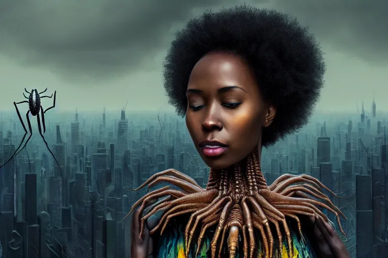 Image similar to realistic detailed closeup portrait movie shot of a beautiful black woman with a giant spider, dystopian city landscape background by denis villeneuve, amano, yves tanguy, alphonse mucha, max ernst, ernst haeckel, kehinde wiley, caravaggio, cyber necklace, rich moody colours, sci fi patterns, wide angle