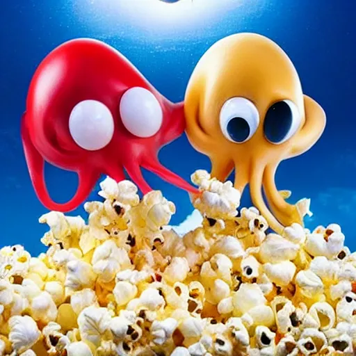 Image similar to hyper realistic, two headed squid eating popcorn at the cinema