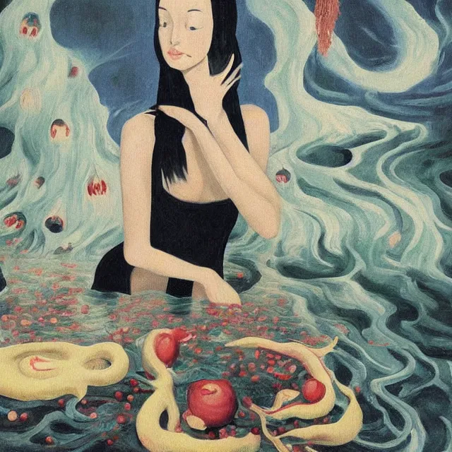 Prompt: tall female catgirl artist holding a skull in her flooded apartment, pomegranates, octopus, water gushing from ceiling, painting of flood waters inside an artist's apartment, a river flooding indoors, candles, ikebana, zen, rapids, waterfall, black swans, canoe, berries, acrylic on canvas, surrealist, by magritte and monet