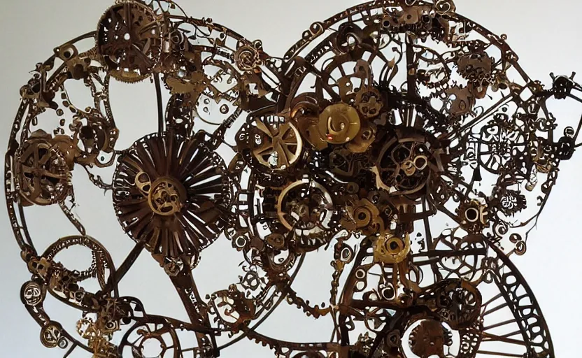 Image similar to mechanical wind flower with small parts and intricate details, metal scapes, steampunk, art nouveau style