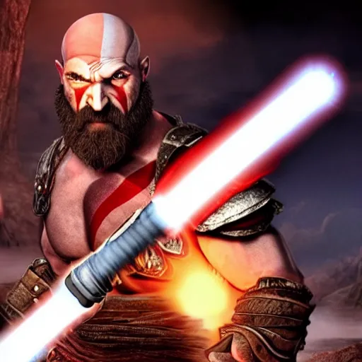 Prompt: kratos from god of war using a lightsaber