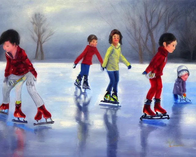 Prompt: Children ice skating. Oil painting by Lisa Yuskavage.